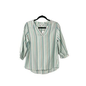 🟢Christopher & Banks Mint Green Multicolor Striped 3/4 Sleeve V Neck Blouse SP
